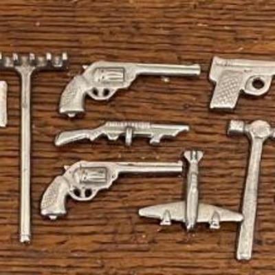 Lot Of Miniature Metal Guns, Swords, And Tools - (4) Vintage Mar Toys Metal Cut Out Army Men