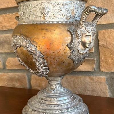 Antique Bronze And Silver Tone Double Handled Ornate Urn 