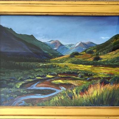 Original Signed Catherine Connors Vibrant Pastel Mountain Landscape In Custom Wood Frame Glass Front