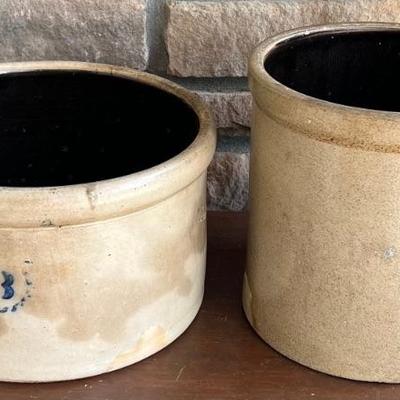 (2) Stoneware Crocks - Antique 3 Gallon Shallow And Unmarked 9.5"