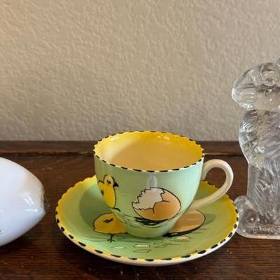Victorian Milk Glass Hand Blown Easter Egg, Burleigh Chick Cup And Saucer, Vintage Glass 6" Candle Holder