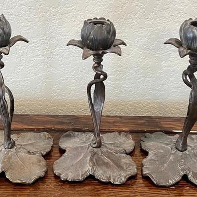 Set Of (3) Art Nouveau Brass 8.5" Rose Candle Holders