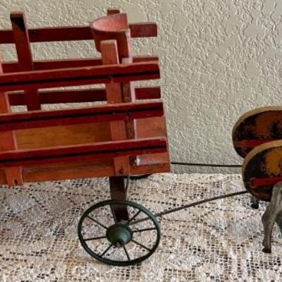 Vintage Folk Art 19" Burro And Wagon With Metal Wheels And Legs