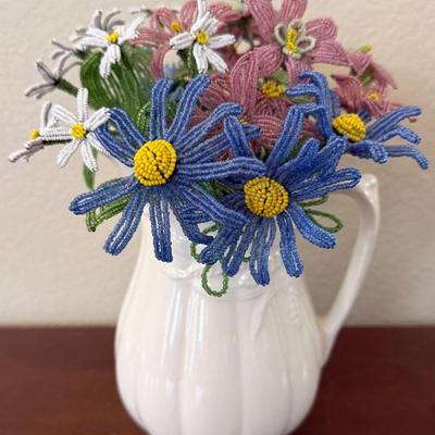 Royal Staffordshire Wilkinson England Ironstone Pitcher With Hand Made French Glass Beaded Bouquet 