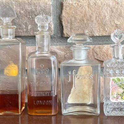 (4) Glass Perfume Bottles With Stoppers - Vogue, The Crown, Howes, And Satin Scent