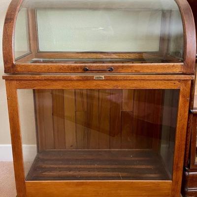 Antique Oscar Onken Co Oak Umbrella Walking Stick Mercantile Glass Round Front Cabinet