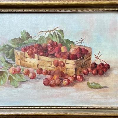 Small Vintage Cherries Still Life Painting On Board In Frame