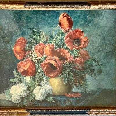 Vintage Max Streckenbach Poppy Print With Decorative Custom Ormolu Frame And Glass Front