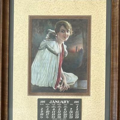 Antique January 1916 Framed Calendar Print With Glass Front 