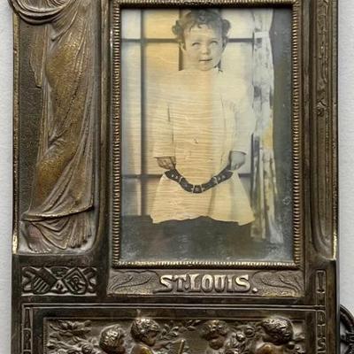 1904 World's Fair St. Louis Solid Brass Table Top Picture Frame With Photograph