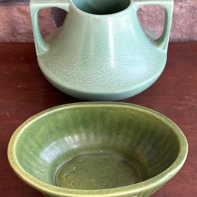 Early Haeger Green Pottery Double Handled Vase And A Signed Haeger 3938 USA Pottery Bowl