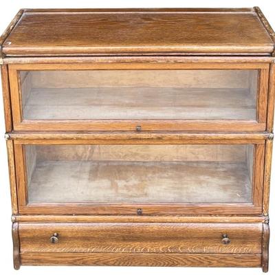 Antique Oak And Glass Front Double Stack Barrister Bookcase 