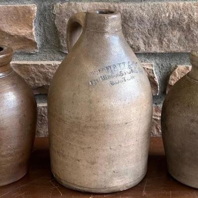Antique Hall & Co. Blackstone Boston Handled Stoneware Jug, (2) Unmarked Stoneware Rimmed Crocks