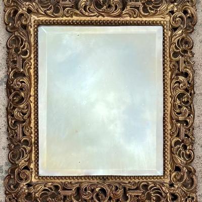 Antique Ornate Heavy Brass Framed Beveled Mirror With Metal Back