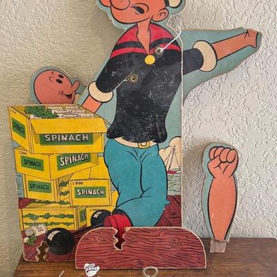 1957 Popeye Cardboard Display And A Tin Wind Up Mechanical Boat With Key (as Is)