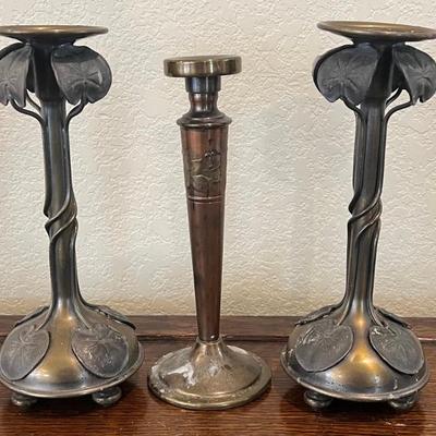 (3) Art Nouveau Brass Candle Holders - (1) Copper Overlay