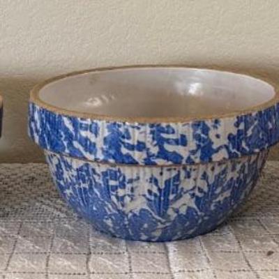 (3) Antique Stoneware Bowls - Blue Picket Fence, Spatterware Picket Fence, Blue And Tan Ring