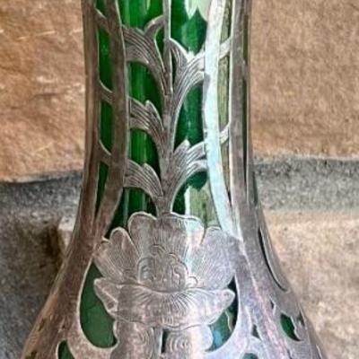 Antique Art Nouveau Green Art Glass Vase With Silver Overlay (as Is)