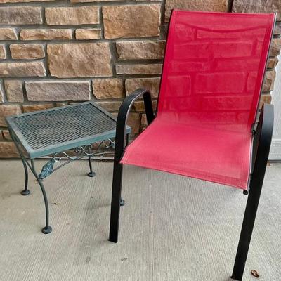 Sling Back Red Stackable Chair By Signature Select, Vintage Solid Wrought Iron Side Table