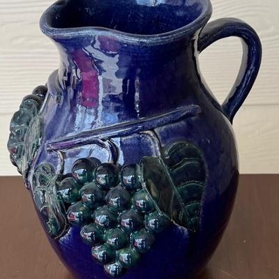 Vintage Edwin Meaders 10.5" Blue Grape Motif Pottery Pitcher Signed 1991