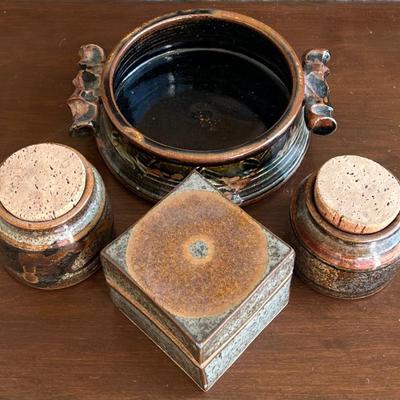 Vintage Studio Pottery - (2) Plum Tree Pottery Cork Top Pots, Lidded Trinket Box, Handled Bowl