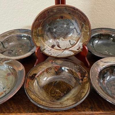 (6) MCM Plum Tree Pottery John Glick Hand Thrown Pottery 7" Rimmed Bowls