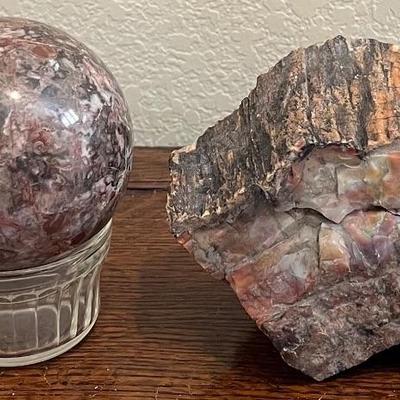 3.5" Stone Sphere And A 6.25" Piece Of Petrified Wood 