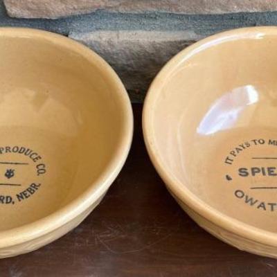 Vintage Pair Of USA Stoneware Advertising 8" Mixing Bowls - Spiess, Owatona And Home Produce Co. 
