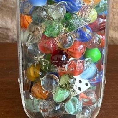 Antique Ball Freezer Jar With Assorted Vintage And Antique Marbles - Amber, Blood Agate, Chinese Pottery, Etc.