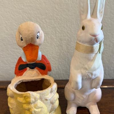 (2) Vintage Paper Mache Easter Bunny And Duck Candy Containers