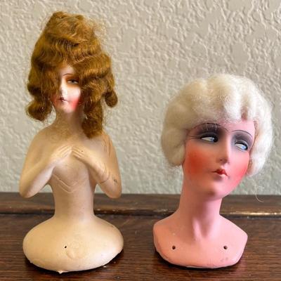 (2) 1940's Chalkware Half Doll Pin Cushion Tops
