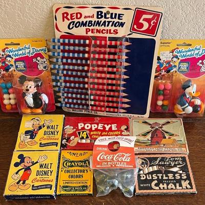 Vintage Toys - Walt Disney Cartoons, Tom Sawyer And Popeye Chalk, Coca-cola Marbles, Disney Dispensers