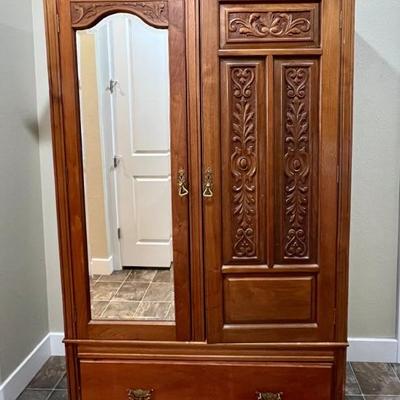 Antique 78.5" Knock Down Armoire With Beveled Glass Front And Original Metal Latches