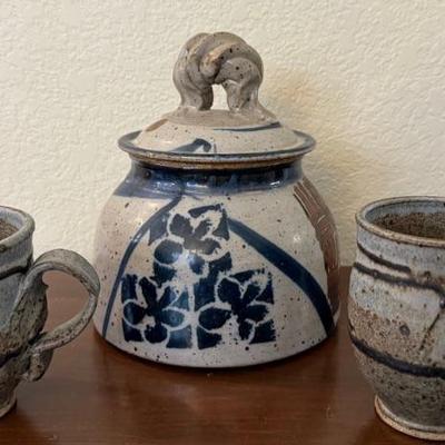 MCM Plum Tree Pottery John Glick Hand Thrown Pottery Lidded Canister And (2) Mugs