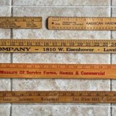 (5) 15" - 48" Vintage Rulers And Yard Sticks - Russ Wehner Realty, Grace Realty, Deines Lumber Co., And More