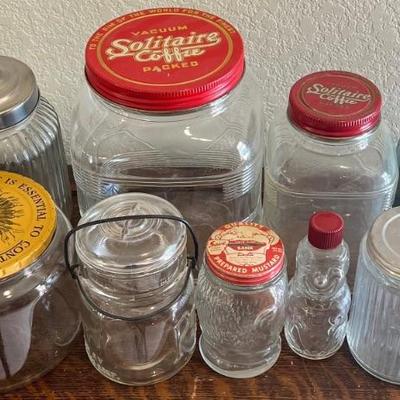 Vintage Collectible Lidded Food Canisters And Jars - Solitaire, Coffee, Ball, Presto, Mustard, And More