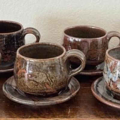 (6) MCM John Glick Hand Thrown Pottery Cups And Saucers