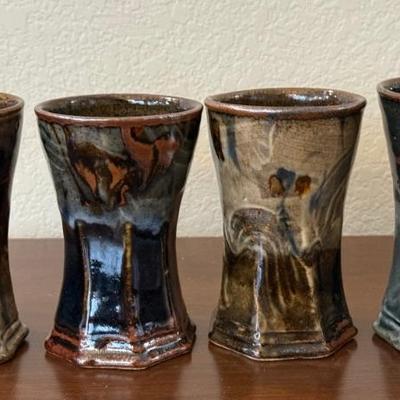 (4) MCM Plum Tree Pottery John Glick Hand Thrown Pottery 5.75" Octagonal Drinking Glasses