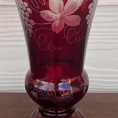 Antique Czech Cut To Clear Ruby Glass Vase