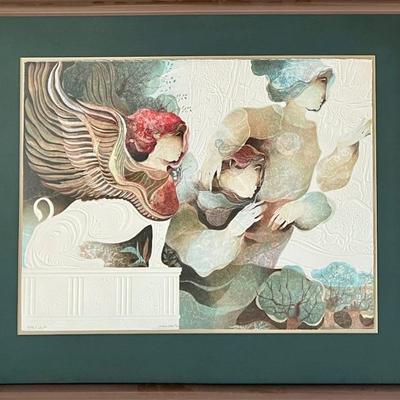 Signed Alvar Sunol Limited Edition Print " Oedipus And The Sphynx" 99 Of 125 In Glass Front Frame
