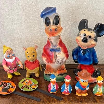 Vintage Toy Lot - (2) Western Germany Halloween Noise Makers, Ceramic Mexico Mickey And Donald, Plush, Etc.