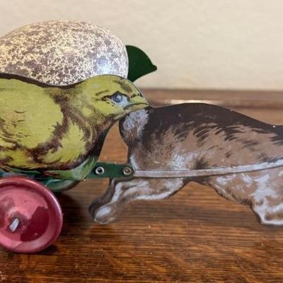 Ohio Art Antique Easter Cart With Bunny And Tin Lithograph Toy Rabbit 1920's, Ceramic Egg
