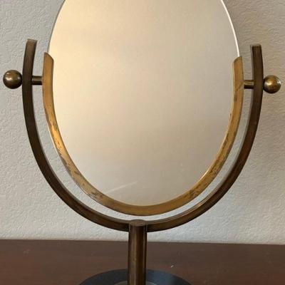 Heavy Solid Brass MCM Double Sided Table Mirror With Black Lucite Base Charles Holice Jones Style