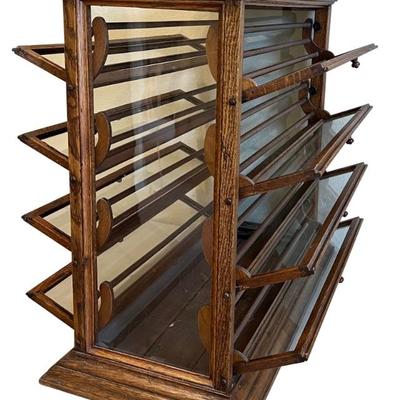 Antique Solid Oak And Glass Front Ribbon Cabinet