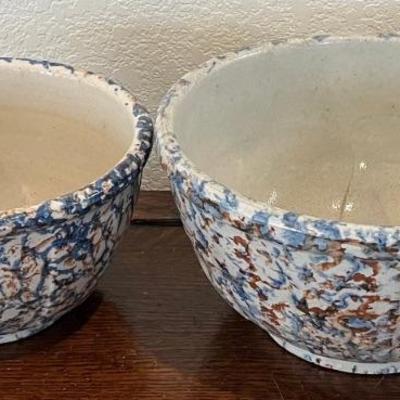 (2) Antique Spongeware Mixing Bowls