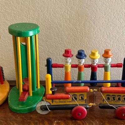 Vintage And Antique Wooden Toys - Gymnasts, Toy Tinkers Wood Train, Abacus, And More