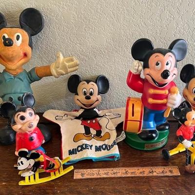 Vintage And Collectible Mickey Mouse Lot With Foam And Rubber Figurines, Finger Puppet, Ornament, And More