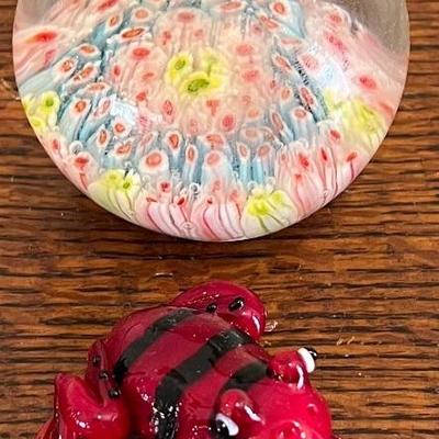 Art Glass Millefiori Paper Weight And Small Red Art Glass Frog