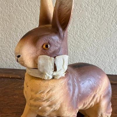 Antique Germany Paper Mache Easter Bunny Candy Container W Material Bow & Removable Head 