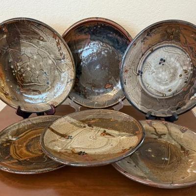 (6) MCM Plum Tree Pottery John Glick Hand Thrown Pottery 10.5" Dinner Plates